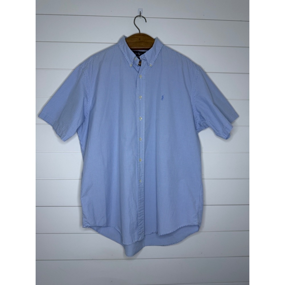 Ralph Lauren Mens XL Classic Fit Short Sleeve Button Down Shirt Blue White